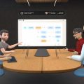 4 avatares en una reunión en Facebook Horizon Workrooms donde se muestra un esquema