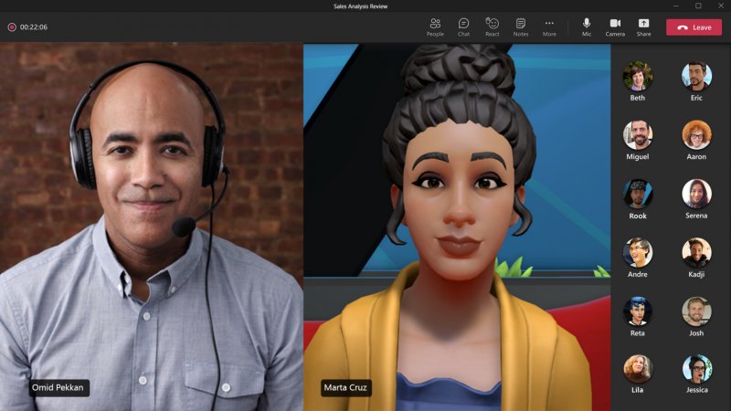 Reunión online en Mesh for Teams de Microsoft de equipos remotos con personas que muestran su cara y su avatar